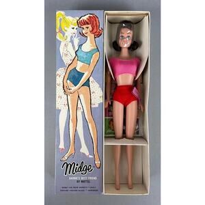 VTG Midge Doll (860) Brunette Freckle Face straight leg 1962 NRFB Wrist tag Mint